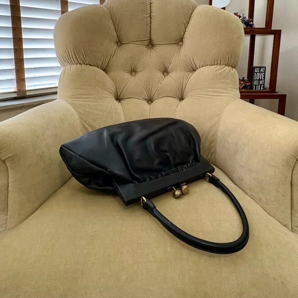 Auth KATE LANDRY Black Leather VTG Inspired Top Handle Frame Satchel Bag... - Picture 3 of 7